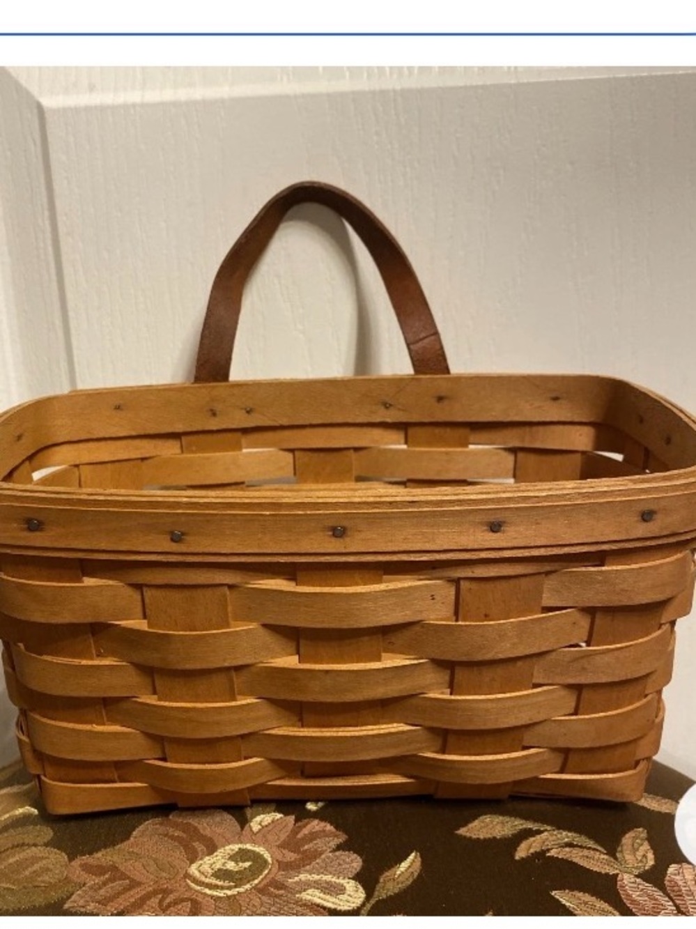 Auth VTG ‘97 Longaberger Maple Wood Splint Basket, Leather Handle, Signed (C)
